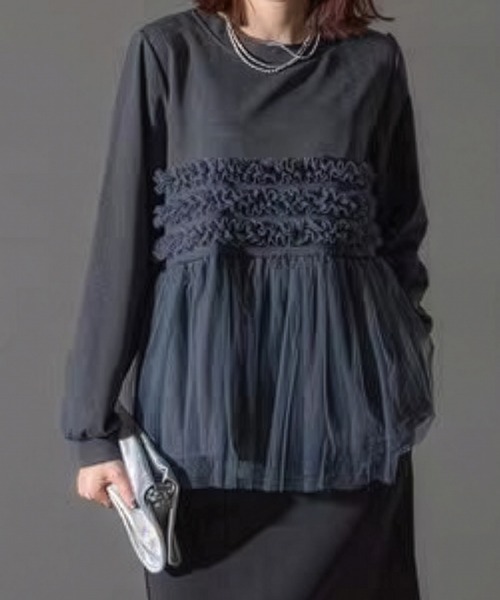 Lace Ladies(レースレディース)の「チュール ドッキング ペプラム 長袖 ブルオーバー(Tシャツ/カットソー・レディース・グレー/ブラック・FREE)」の2枚目の写真