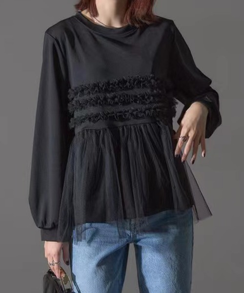 Lace Ladies(レースレディース)の「チュール ドッキング ペプラム 長袖 ブルオーバー(Tシャツ/カットソー・レディース・グレー/ブラック・FREE)」の1枚目の写真
