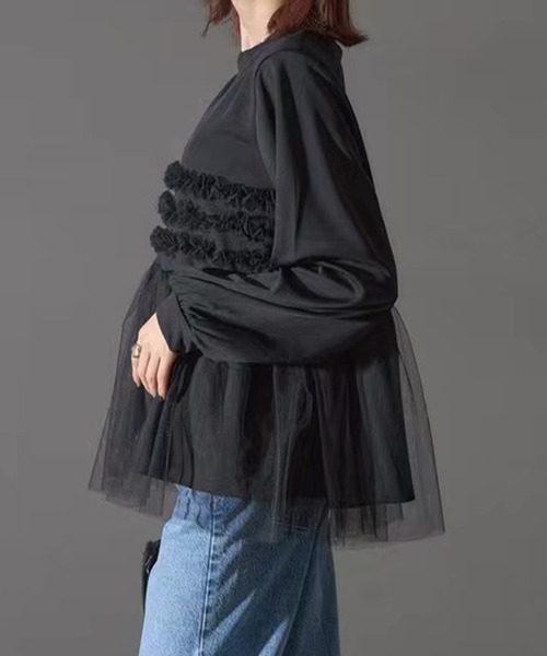Lace Ladies(レースレディース)の「チュール ドッキング ペプラム 長袖 ブルオーバー(Tシャツ/カットソー・レディース・グレー/ブラック・FREE)」の5枚目の写真