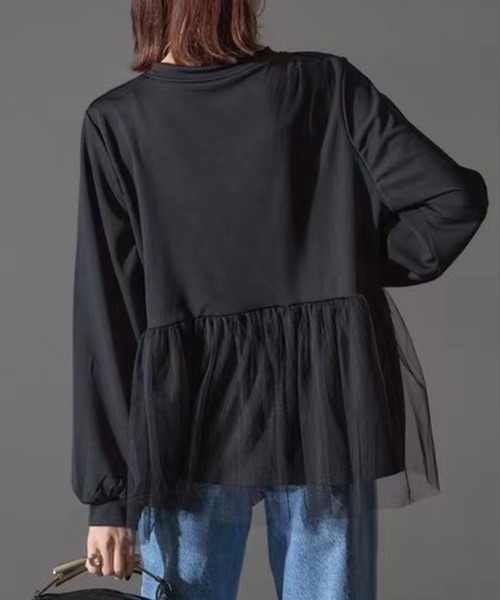 Lace Ladies(レースレディース)の「チュール ドッキング ペプラム 長袖 ブルオーバー(Tシャツ/カットソー・レディース・グレー/ブラック・FREE)」の6枚目の写真