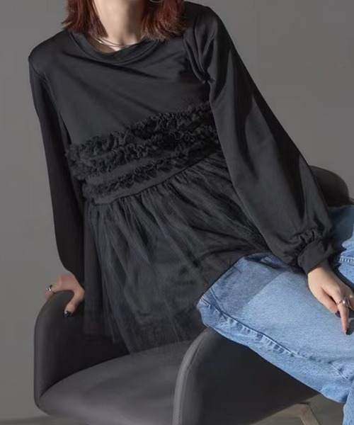 Lace Ladies(レースレディース)の「チュール ドッキング ペプラム 長袖 ブルオーバー(Tシャツ/カットソー・レディース・グレー/ブラック・FREE)」の7枚目の写真