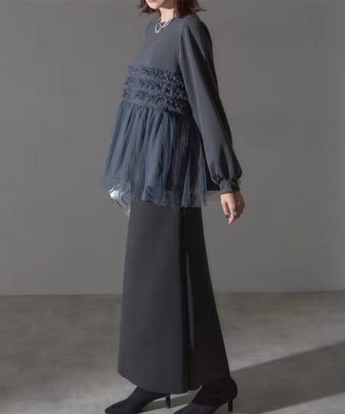 Lace Ladies(レースレディース)の「チュール ドッキング ペプラム 長袖 ブルオーバー(Tシャツ/カットソー・レディース・グレー/ブラック・FREE)」の8枚目の写真
