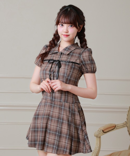 Anely（アネリー）の「チェック柄 フロント リボン フレア ミニ ワンピース（ワンピース・レディース・ネイビー/ブラウン・FREE）」の5枚目の写真