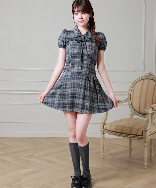 Anely（アネリー）の「チェック柄 フロント リボン フレア ミニ ワンピース（ワンピース・レディース・ネイビー/ブラウン・FREE）」の9枚目の写真