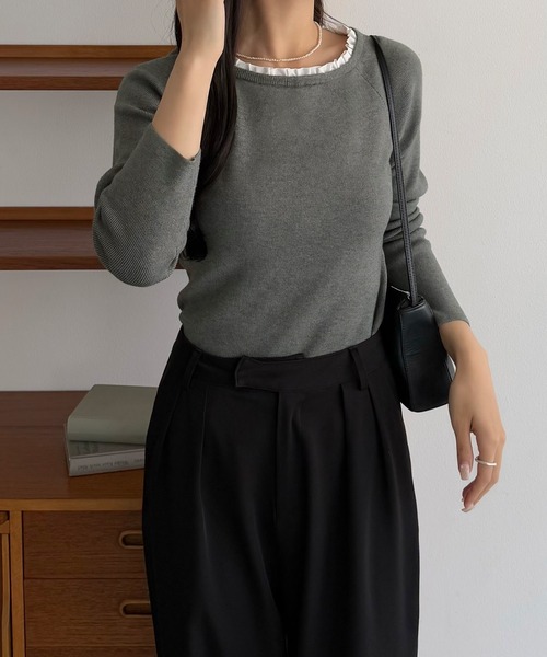 callautia(カラウティア)の「フリルドッキングニットトップス(ニット/セーター・レディース・チャコール/ブラック/アイボリー・LARGE/MEDIUM)」の8枚目の写真