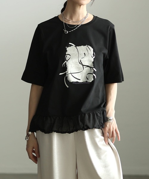 Sawa a la mode(サワアラモード)の「箔プリントデザインTシャツ(Tシャツ/カットソー・レディース・オフホワイト/チャコールグレー/ブラック・FREE)」の2枚目の写真