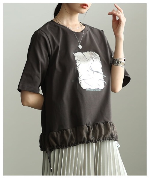 Sawa a la mode(サワアラモード)の「箔プリントデザインTシャツ(Tシャツ/カットソー・レディース・オフホワイト/チャコールグレー/ブラック・FREE)」の10枚目の写真