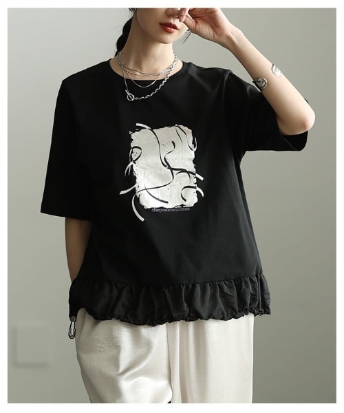 Sawa a la mode(サワアラモード)の「箔プリントデザインTシャツ(Tシャツ/カットソー・レディース・オフホワイト/チャコールグレー/ブラック・FREE)」の17枚目の写真