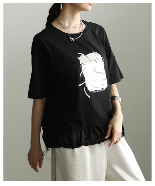 Sawa a la mode(サワアラモード)の「箔プリントデザインTシャツ(Tシャツ/カットソー・レディース・オフホワイト/チャコールグレー/ブラック・FREE)」の18枚目の写真