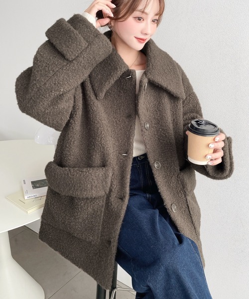 moment+（モーメントプラス）の「カーリーフェイクウールステンカラーミドルジャケットコート（ステンカラーコート・レディース・アイボリー/グレイッシュベージュ/グレー/ブラウン・M/L）」の18枚目の写真