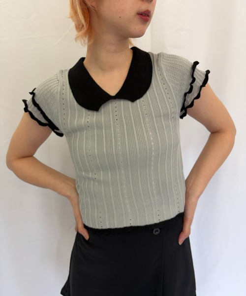 Alite cloth（アリーテクロス）の「半袖ニットブラウス（ニット/セーター・レディース・ブラック/ブルー/グレー/ピンク/グリーン/ホワイト・FREE）」の3枚目の写真