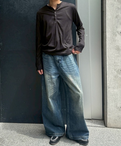 Chikashitsu +】double slub wide denim pants / 【チカシツプラス