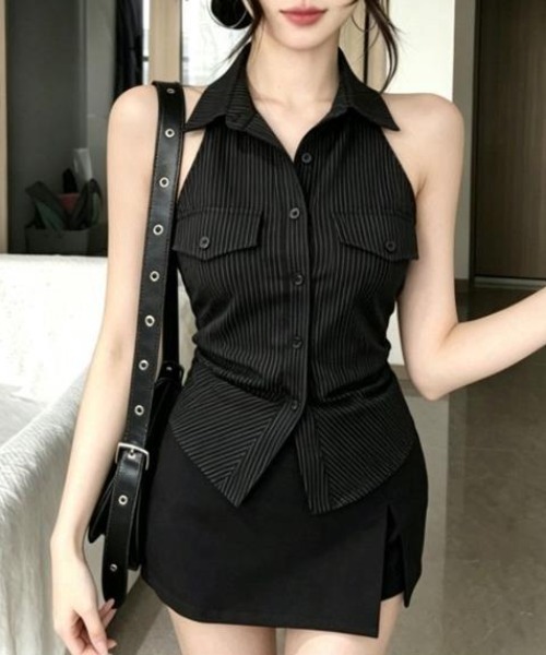 lilful(リルフル)の「【26年春夏新作】ストライプ ホルターネック ノースリーブシャツ(シャツ/ブラウス・レディース・ブラック・M/S)」の1枚目の写真