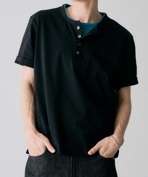 Adoon plain(アドーンプレーン)の「レイヤードスラブヘンリーネックT(Tシャツ/カットソー・メンズ・ブラック/アイボリー/レッド/ネイビー・MEDIUM/LARGE)」の9枚目の写真