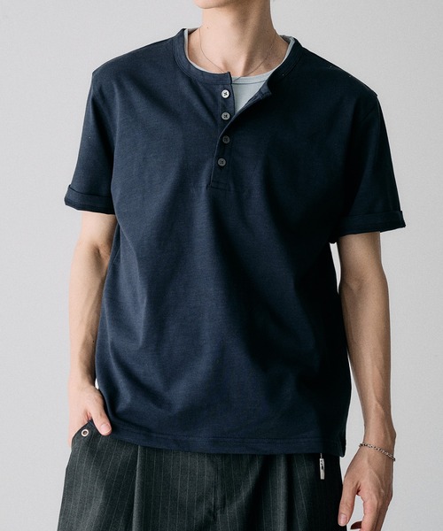 Adoon plain(アドーンプレーン)の「レイヤードスラブヘンリーネックT(Tシャツ/カットソー・メンズ・ブラック/アイボリー/レッド/ネイビー・MEDIUM/LARGE)」の16枚目の写真