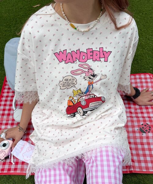 w closet(ダブルクローゼット)の「【Am企画】花柄レースビッグT(Tシャツ/カットソー・レディース・ブルー/グレー/オフホワイト・FREE)」の6枚目の写真