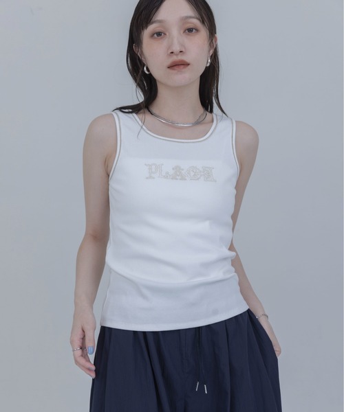Eimee Law(エイミーロウ)の「PLACE刺繍 ヘンリーネックテレコタンク(タンクトップ・レディース・オフホワイト/ダークグレー/ライトベージュ/ブラック・FREE)」の11枚目の写真