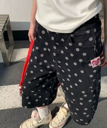 ドット柄 デニム 7 分ワイドパンツ