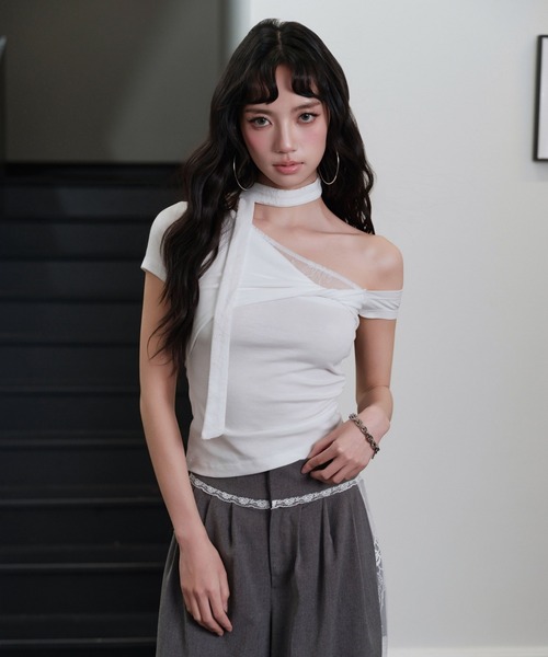 andwang（アンドワン）の「One shoulder strings tops（Tシャツ/カットソー・レディース・ブラック/ホワイト・MEDIUM/SMALL）」の5枚目の写真
