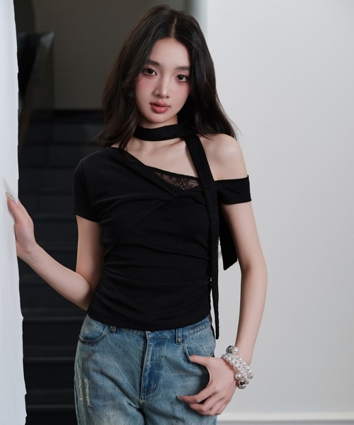 andwang（アンドワン）の「One shoulder strings tops（Tシャツ/カットソー・レディース・ブラック/ホワイト・MEDIUM/SMALL）」の16枚目の写真