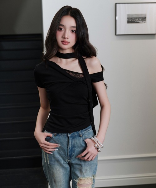 andwang（アンドワン）の「One shoulder strings tops（Tシャツ/カットソー・レディース・ブラック/ホワイト・MEDIUM/SMALL）」の18枚目の写真
