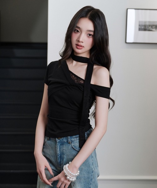 andwang（アンドワン）の「One shoulder strings tops（Tシャツ/カットソー・レディース・ブラック/ホワイト・MEDIUM/SMALL）」の19枚目の写真