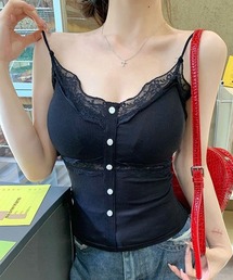フロントボタン ビスチェ風 レース キャミソール(カップ付き)