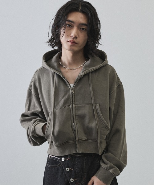 セール】Pigment dye short length double zip hoodie / ピグメント