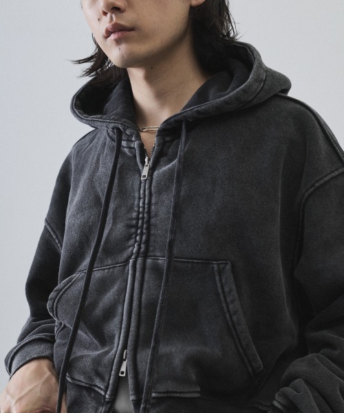 Pigment dye short length double zip hoodie / ピグメントダイ