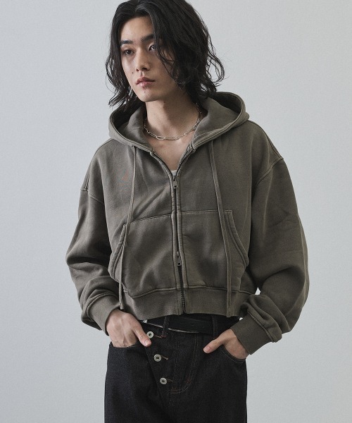 セール】Pigment dye short length double zip hoodie / ピグメント
