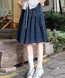 【2タイプ展開】水玉・チェック柄 2 段ティアードミディスカート サイドポケット付き紐調整ウエスト ナチュラルガーリーボトムス