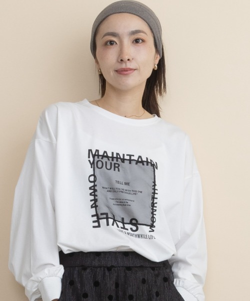 lodie(ロディ)の「ロゴ×オーガンジー ロンT(Tシャツ/カットソー・レディース・カーキ/アイボリー/ベージュ・FREE)」の1枚目の写真