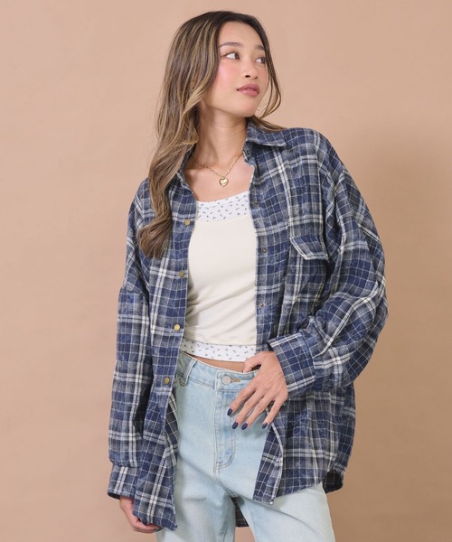 anap mimpi(アナップミンピ)の「ウォッシュ加工チェックネルシャツ(シャツ/ブラウス・レディース・ネイビー/ピンク/ブルー・F)」の1枚目の写真