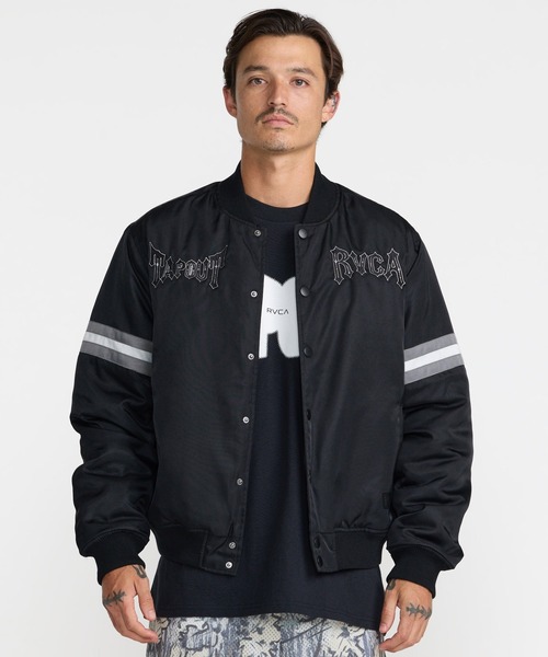 RVCA(ルーカ)の「RVCA メンズ TAPOUT SATIN JACKET ジャケット 【2026年秋冬モデル】/ルーカサテンスタジアムジャケット(スタジャン・メンズ・ブラック・X-LARGE/LARGE/MEDIUM/SMALL)」の1枚目の写真