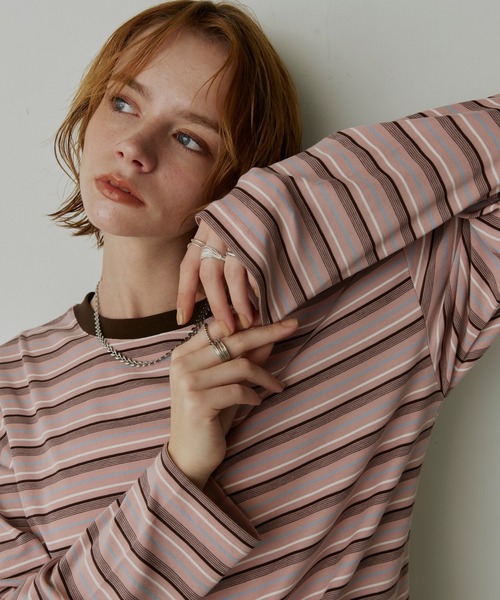 uchi.(ウチ)の「マルチボーダー配色クルーネックロングTシャツ(Tシャツ/カットソー・レディース・ピンク/グレー・FREE)」の1枚目の写真