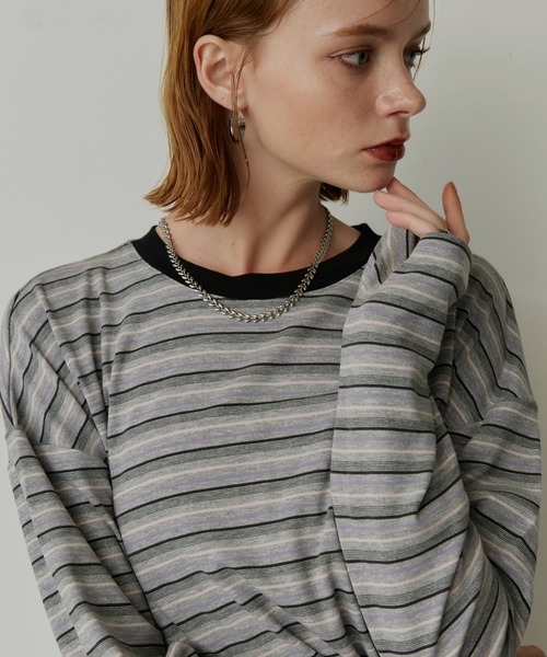 uchi.(ウチ)の「マルチボーダー配色クルーネックロングTシャツ(Tシャツ/カットソー・レディース・ピンク/グレー・FREE)」の15枚目の写真