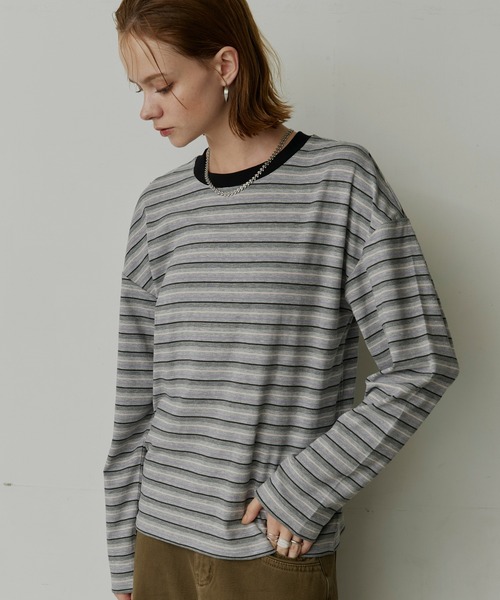 uchi.(ウチ)の「マルチボーダー配色クルーネックロングTシャツ(Tシャツ/カットソー・レディース・ピンク/グレー・FREE)」の14枚目の写真