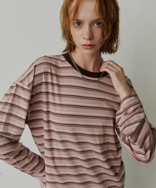 uchi.(ウチ)の「マルチボーダー配色クルーネックロングTシャツ(Tシャツ/カットソー・レディース・ピンク/グレー・FREE)」の19枚目の写真