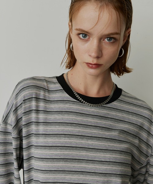 uchi.(ウチ)の「マルチボーダー配色クルーネックロングTシャツ(Tシャツ/カットソー・レディース・ピンク/グレー・FREE)」の16枚目の写真