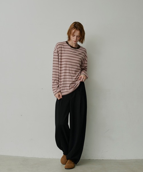 uchi.(ウチ)の「マルチボーダー配色クルーネックロングTシャツ(Tシャツ/カットソー・レディース・ピンク/グレー・FREE)」の21枚目の写真