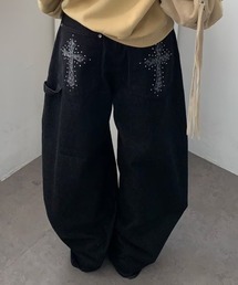 レオパードクロス ラインストーンアクセント ルーズデニムパンツ