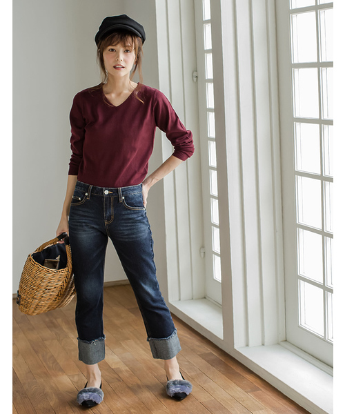 Re:EDIT（リエディ）の「[リエディ]洗えるVネックハイゲージニットトップス[リエディオリジナル]トップス/ニットトップス（ニット/セーター・レディース・グレー/チャコールグレー/ブラック/アイボリー/ネイビー/モカ/ベージュ/ピンクベージュ/ワイン/サックスブルー・LARGE/MEDIUM）」の19枚目の写真