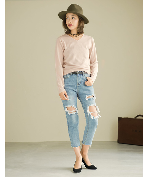 Re:EDIT（リエディ）の「[リエディ]洗えるVネックハイゲージニットトップス[リエディオリジナル]トップス/ニットトップス（ニット/セーター・レディース・グレー/チャコールグレー/ブラック/アイボリー/ネイビー/モカ/ベージュ/ピンクベージュ/ワイン/サックスブルー・LARGE/MEDIUM）」の21枚目の写真