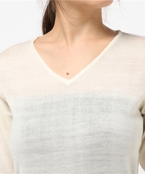 Re:EDIT（リエディ）の「[リエディ]洗えるVネックハイゲージニットトップス[リエディオリジナル]トップス/ニットトップス（ニット/セーター・レディース・グレー/チャコールグレー/ブラック/アイボリー/ネイビー/モカ/ベージュ/ピンクベージュ/ワイン/サックスブルー・LARGE/MEDIUM）」の16枚目の写真