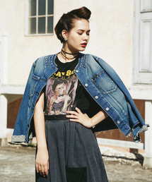 HYSTERIC GLAMOUR | USED加工 スタッズ付ノーカラーデニムJK(デニムジャケット)