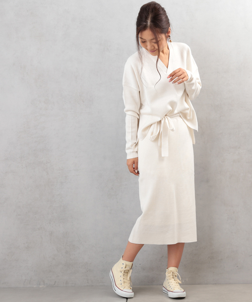 COLONY 2139（コロニートゥーワンスリーナイン）の「28/2強撚C/AC12GG1PLYミラノリブタイトスカート（スカート・レディース・ピンクベージュ/オフホワイト/ネイビー・FREE）」の5枚目の写真