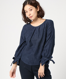 [グレンチェック柄or無地]袖リボン×タックデザインブラウス＊トップス/レディース[C2938]神戸レタス