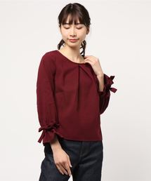 [グレンチェック柄or無地]袖リボン×タックデザインブラウス＊トップス/レディース[C2938]神戸レタス
