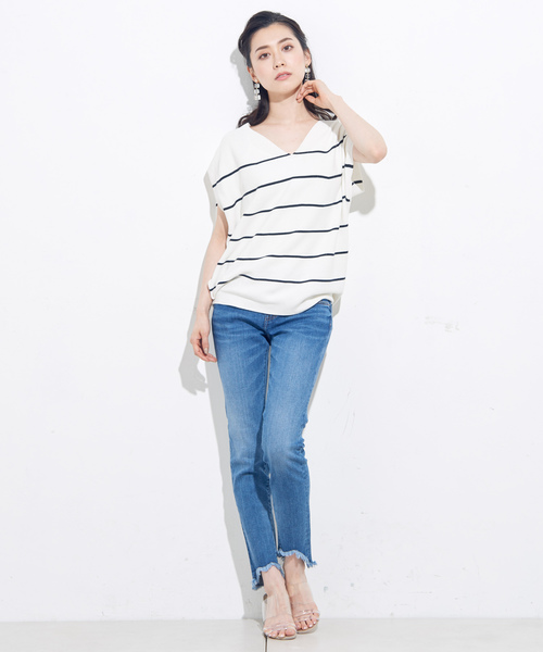 un dix cors（アンディコール）の「ガーターコクーンボーダーニット（ニット/セーター・レディース・ホワイト/ネイビー・FREE）」の13枚目の写真