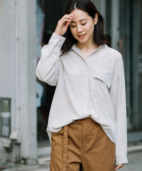 Munich（ミューニック）の「シルキーピーチブロード　バンドカラーシャツ（シャツ/ブラウス・レディース・ブラック/オートミール/カーキ/ダークオレンジ・FREE）」の21枚目の写真